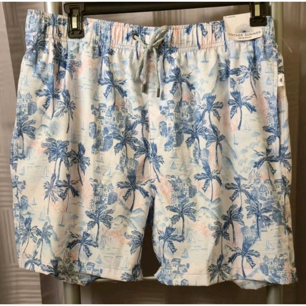 Vintage Summer Blue Tropical Palm Tree Mens Swim Trunks Mesh Lining Size XXL NWT